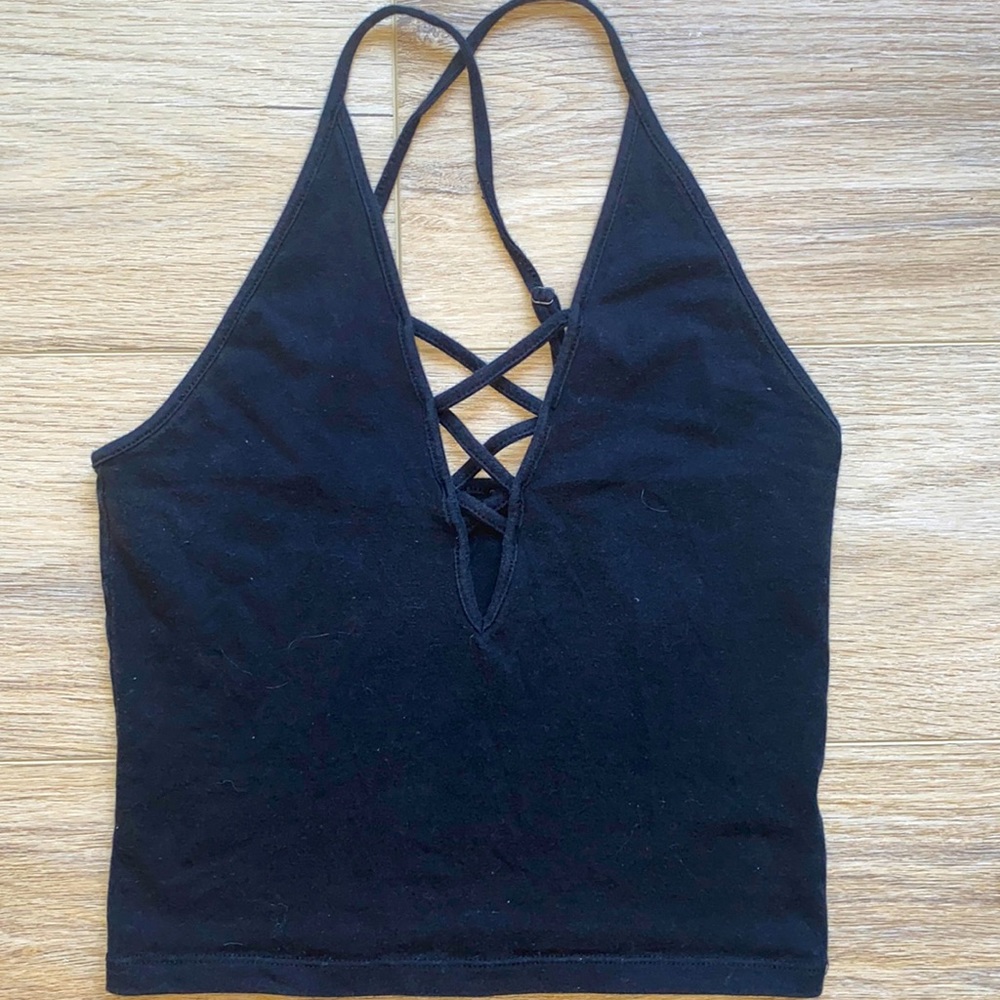 Black Tank Crop Top With Criss Cross Detailing